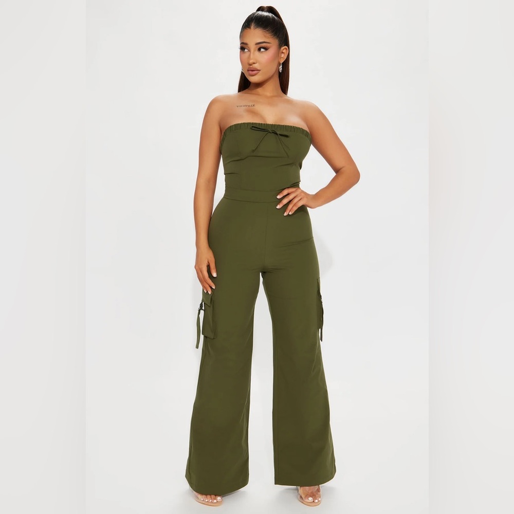 Olive Green Strapless Jumpsuit